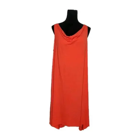 Eileen Fisher Red Orange Firefly Viscose Jersey Cowl Neck Dress Asymmetric Sz L - Picture 3 of 7